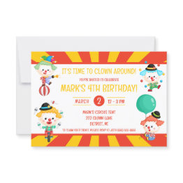 Small It's Time To Clown Around, Circus Birthday Party Invitation Front View