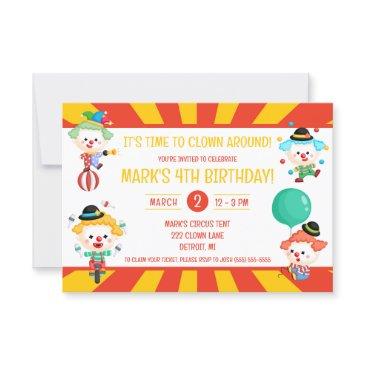 it's time to clown around, circus birthday party invitation