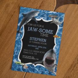 Small Jaw-some Time Great White Shark Birthday Invitation Front View