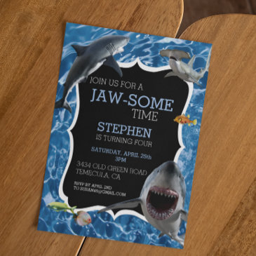 jaw-some time great white shark birthday invitation