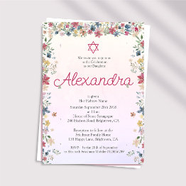 Small Jewish Girl Baby Naming Floral Pink Star Of David Invitation Front View