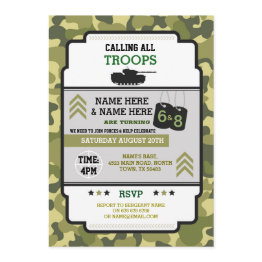 Small Joint Army Military Birthday Two Shared Tank Camo Invitation Front View