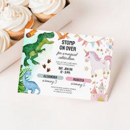 Small Joint Dinosaur & Unicorn Boy Girl Birthday Invitation Front View