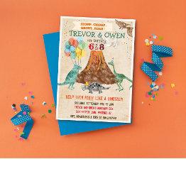Small Joint Dual Dinosaur Volcano Birthday Invitation Front View