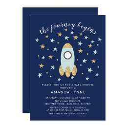 Small Journey Begins Rocket Boys Baby Shower Invitation Front View