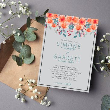 joyful floral orange and teal wedding invitation