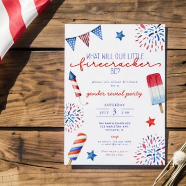 july 4th red white blue gender reveal firecracker invitation