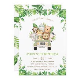 Small Jungle Animals Safari Car Greenery 1st Birthday Invitation Front View