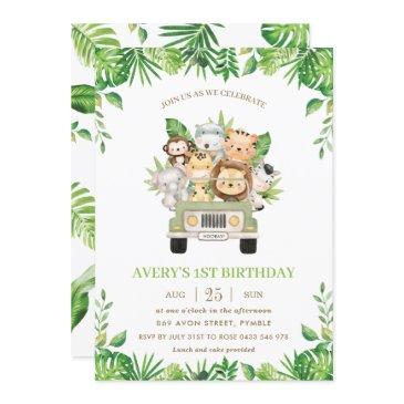 jungle animals safari car greenery 1st birthday invitation