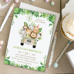 Small Jungle Animals Safari Car Greenery 1st Birthday Invitation Front View