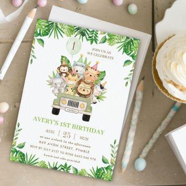 jungle animals safari car greenery 1st birthday invitation