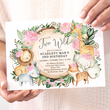 jungle floral safari wild animals 2nd birthday invitation