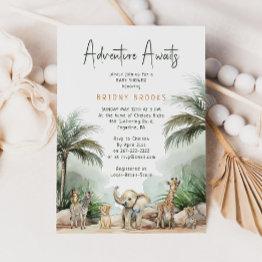Small Jungle Safari Animals Adventure Awaits Baby Shower Invitation Front View