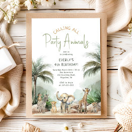 Small Jungle Safari "calling All Party Animals" Birthday Invitation Front View