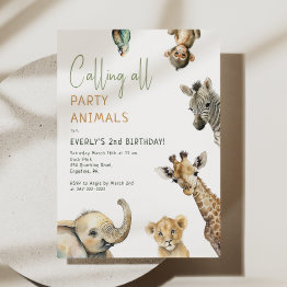 Small Jungle Safari "calling All Party Animals" Birthday Invitation Front View