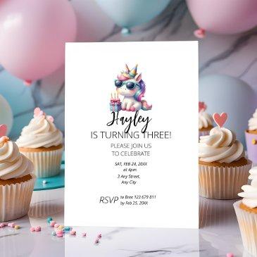 kid`s unicorn 3rd birthday invitation