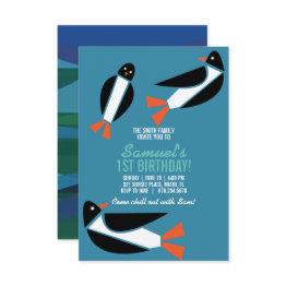 Small Kids Any Age Ocean Penguin Birthday Party Invitation Front View
