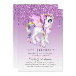 Small Kids Birthday Purple Unicorn Digital Or Printed Invitation Front View