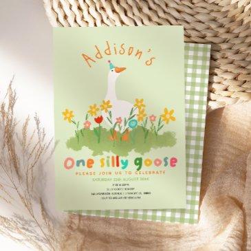 kids floral green one silly goose first birthday invitation