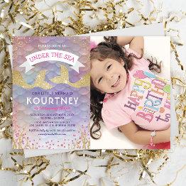 Small Kids Magical Mermaid Birthday Party Photo Invitation Front View