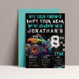 Small Kids Monster Truck Rally Birthday Party Invitation Front View