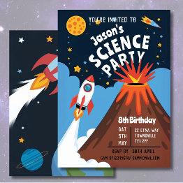 Small Kid's Science Party Rocket Volcano Scientist Child Invitation Front View