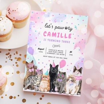 kitten party let's pawty kitty cat birthday invitation