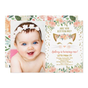 kitty cat kitten peach cream girl birthday photo invitation