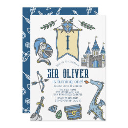 Small Knight Dragon Castle Medieval Boy 1st Birthday Invitation Front View