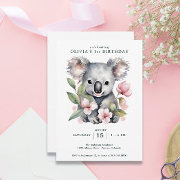Small Koala Bear First Birthday Invitation Front View