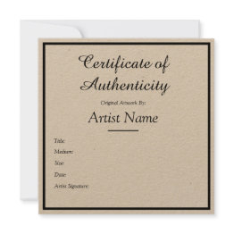 Small Kraft Certificate Of Authenticity For Art Craft Invitation Front View