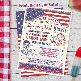 Small Labor Day Bbq Party | Retro Patriotic Summer Blast Invitation Front View