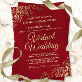 Small Lacy Gold Frills On Red Elegant Virtual Wedding Invitation Front View