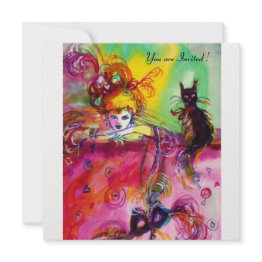 Small Lady With Black Cat /mardi Gras Masquerade Party Invitation Front View