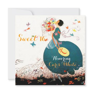 lady with flower bouquet and butterflies sweet 16 invitation