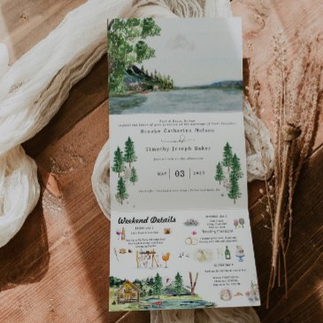 lakeside campground resort | illustrated wedding tri-fold invitation