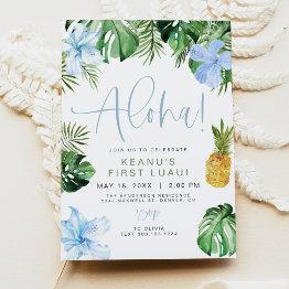 Small Lalani Beach Blue Hibiscus Luau Hula 1st Birthday Invitation Front View