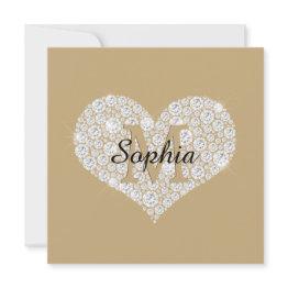 Small Large Diamond Heart, Gold Monogram, Script Name Invitation Front View