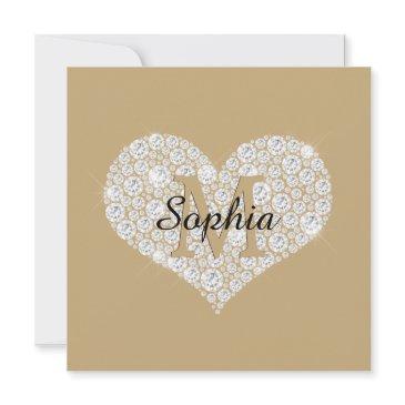 large diamond heart, gold monogram, script name invitation