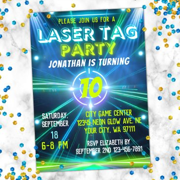 laser tag blue green neon glow boys birthday party invitation