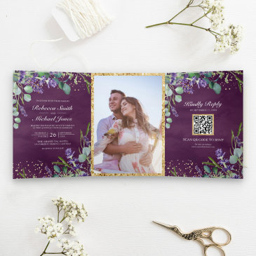 lavender and eucalyptus purple qr code wedding tri-fold invitation