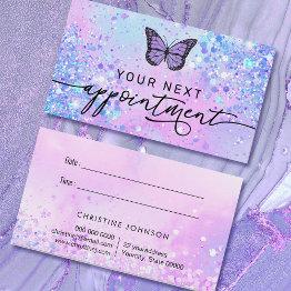 Small Lavender Butterfly Faux Glitter Appointment Invitations Front View