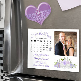 Small Lavender Floral Calendar & Photo Save The Date Magnetic Invitation Front View
