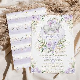 Small Lavender Floral Greenery Gold Elephant Baby Shower Invitation Front View