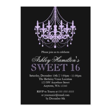lavender purple faux glitter chandelier sweet 16 invitation