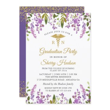 lavender purple floral gold rn nursing graduation invitation