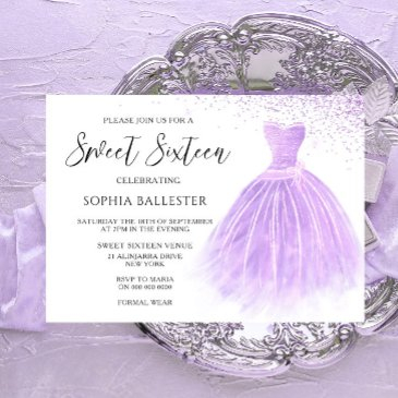 lavender purple glitter gown sweet 16 party invitation