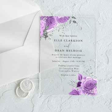 lavender purple & silver floral elegant wedding acrylic invitations
