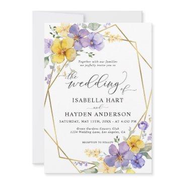 lavender yellow chic floral gold frame wedding invitation