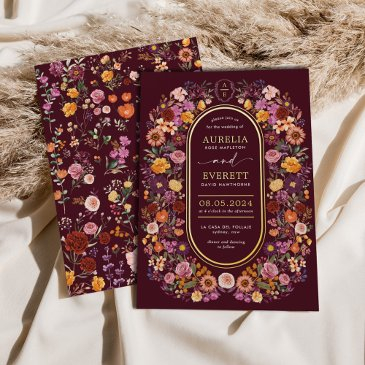 lavish burgundy wildflowers monogram crest wedding foil invitation
